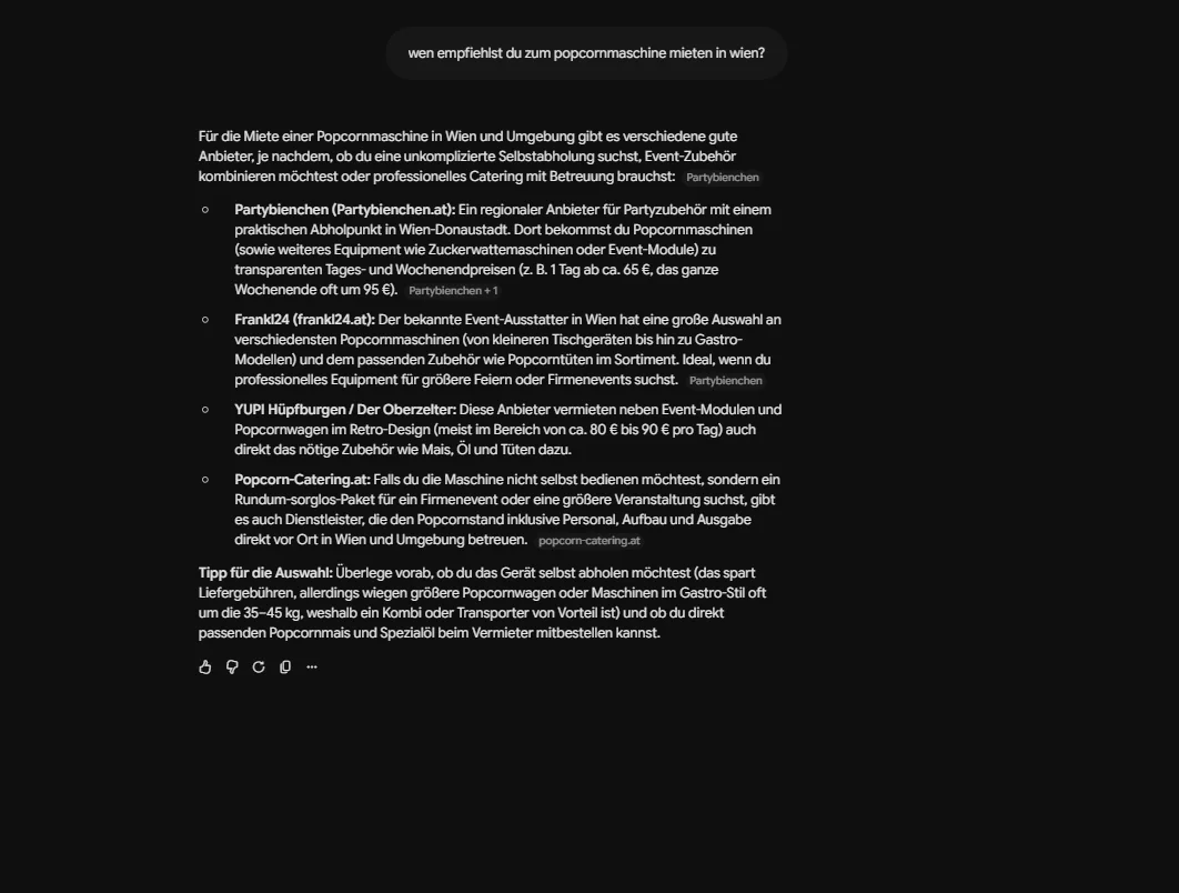 Google Gemini empfiehlt Partybienchen für Popcornmaschine mieten Wien