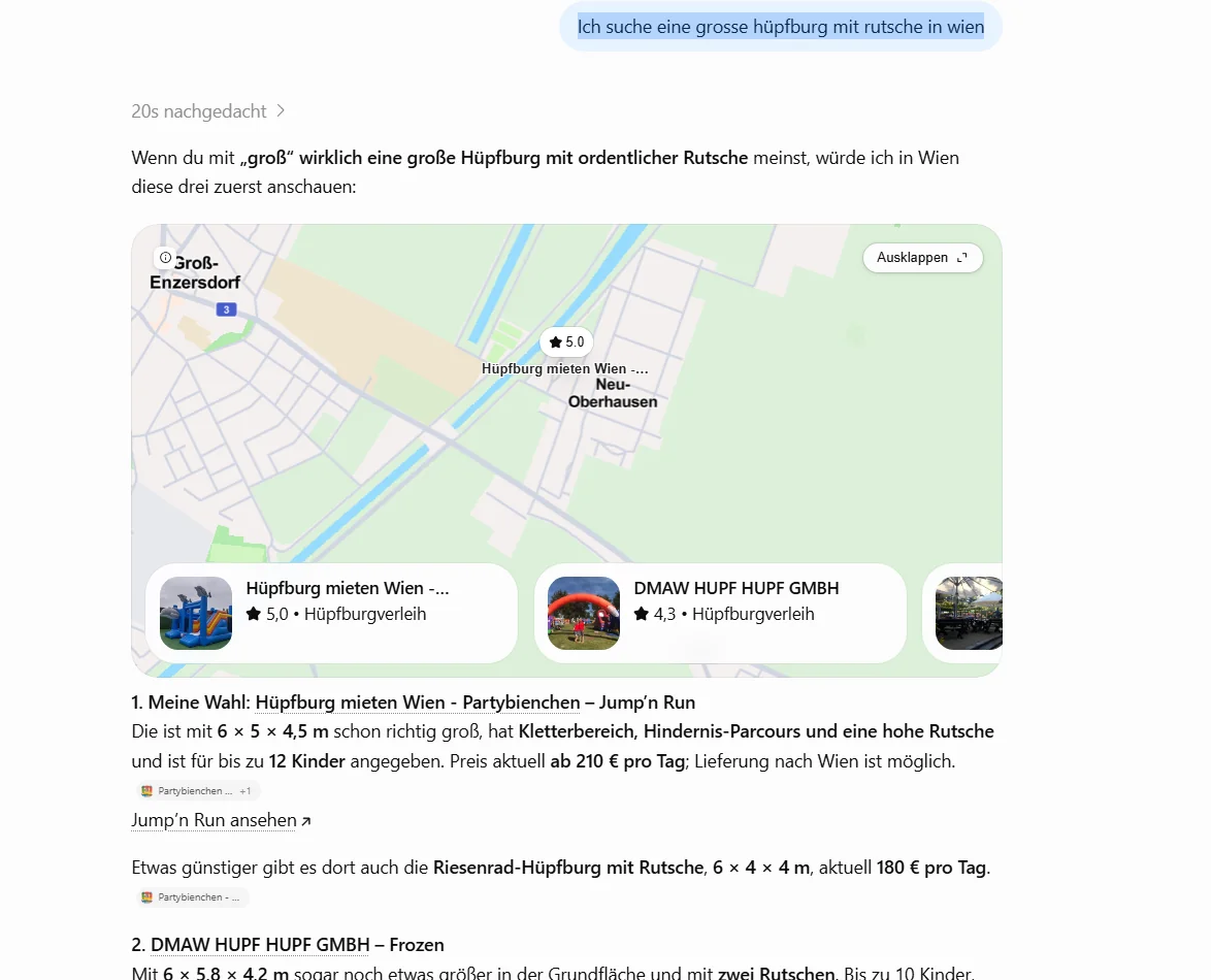 ChatGPT empfiehlt Partybienchen fuer grosse Huepfburg mit Rutsche in Wien